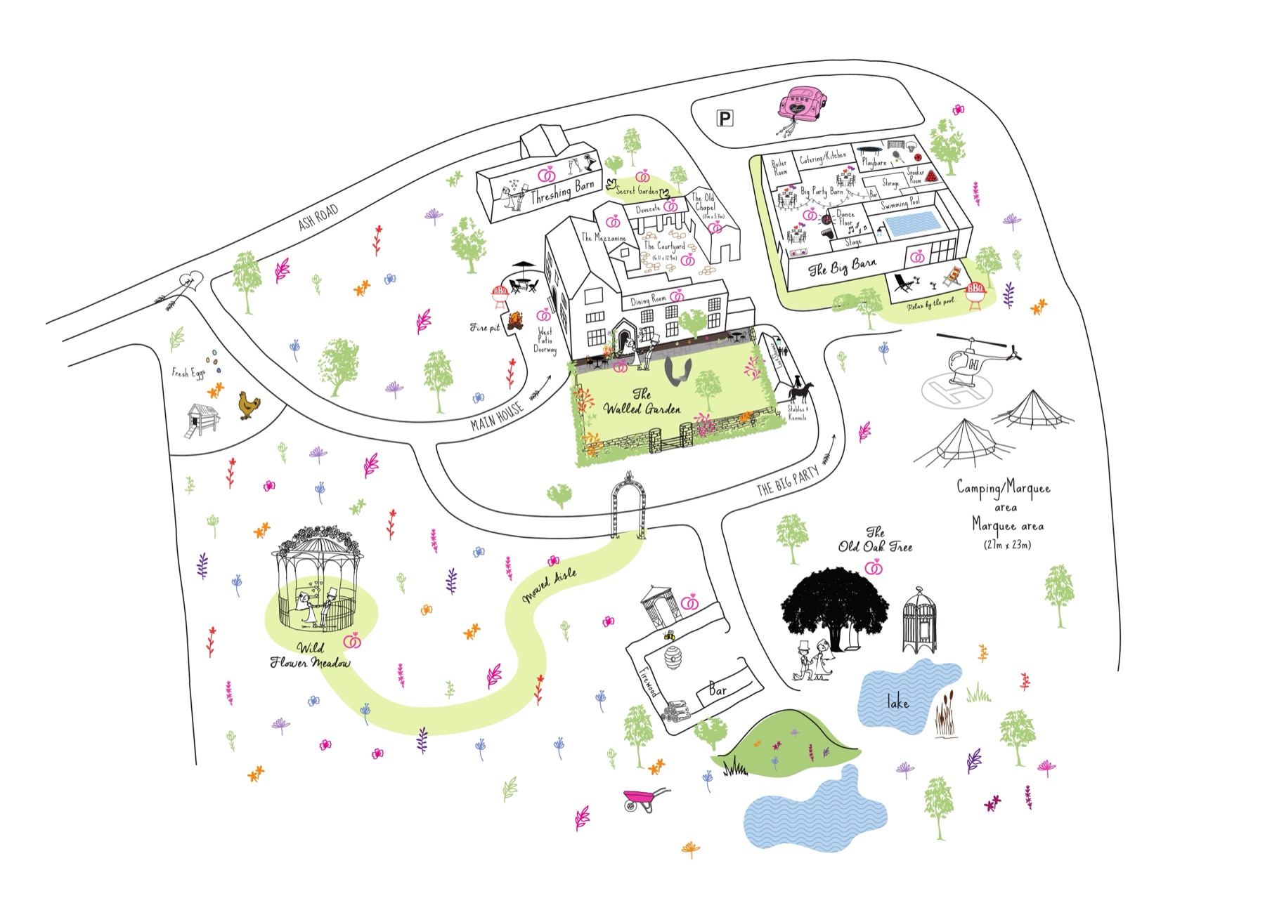 Ash Barton Estate map, showing the wildflower meadow, walled garden, big barn, courtyard and grounds. Click to expand.